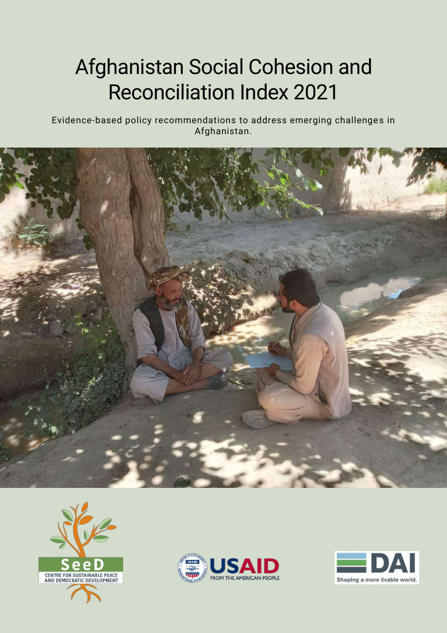 Afghanistan SCORE 2021 report cover showing an interview beneath a tree.