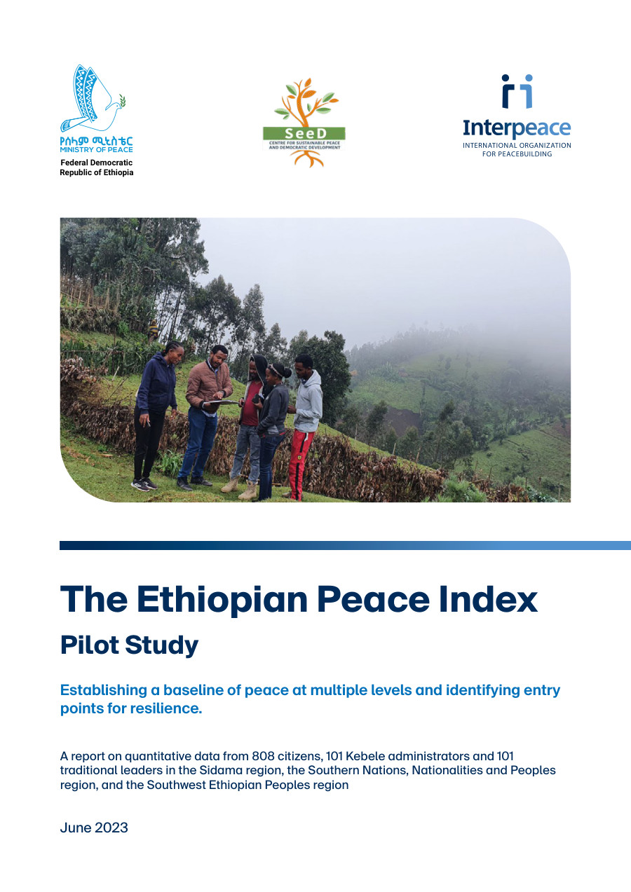 Ethiopian Peace Index pilot report cover with a group photograph in a green landscape.
