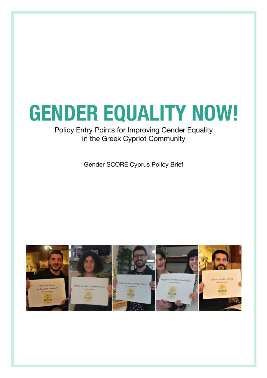 Greek Cypriot community Gender Equality Now policy brief cover with a green title and campaign portraits.