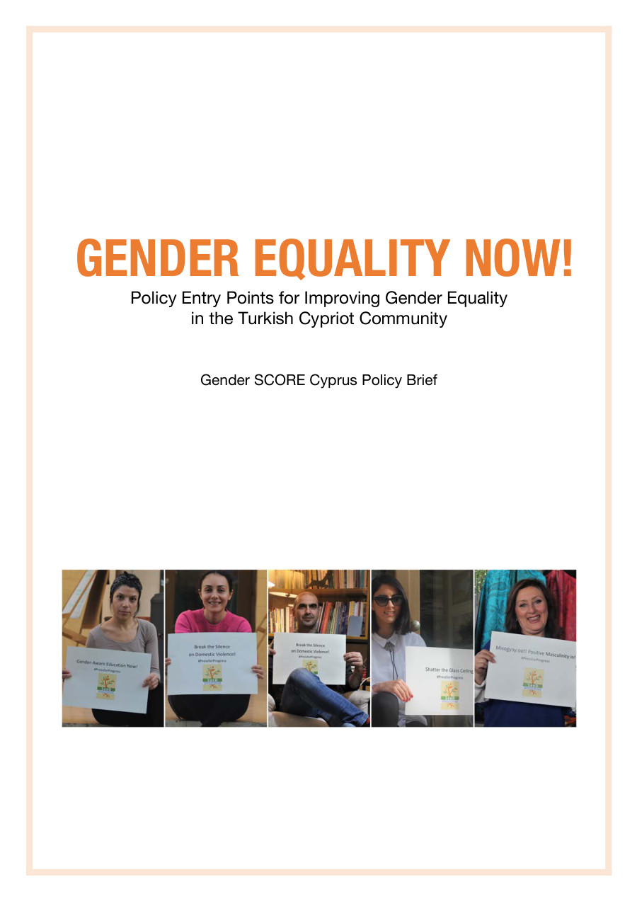 Turkish Cypriot community Gender Equality Now policy brief cover with an orange title and campaign portraits.