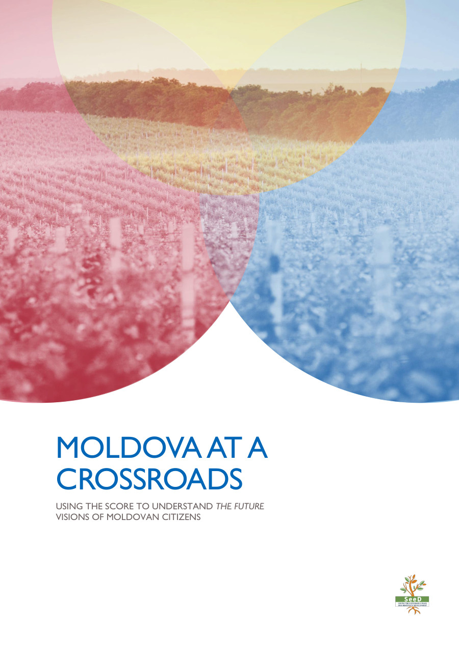 Moldova at a Crossroads report cover with overlapping coloured circles over a city view.