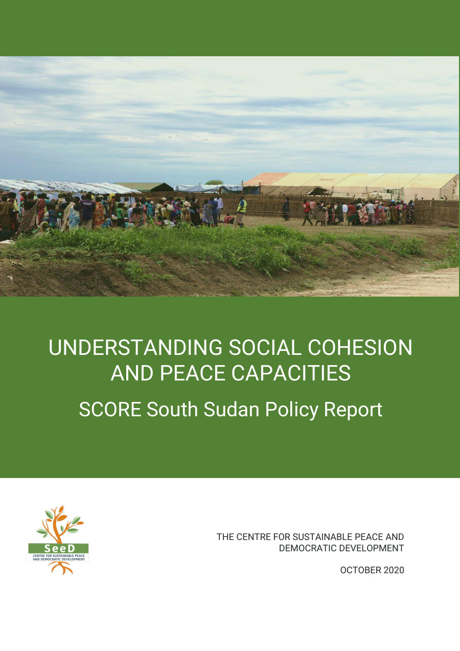South Sudan SCORE policy report cover with green bands and a panoramic community photograph.