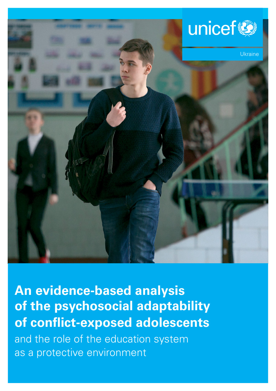 UNICEF Ukraine adolescent adaptability report cover showing a student in a classroom above a blue title panel.